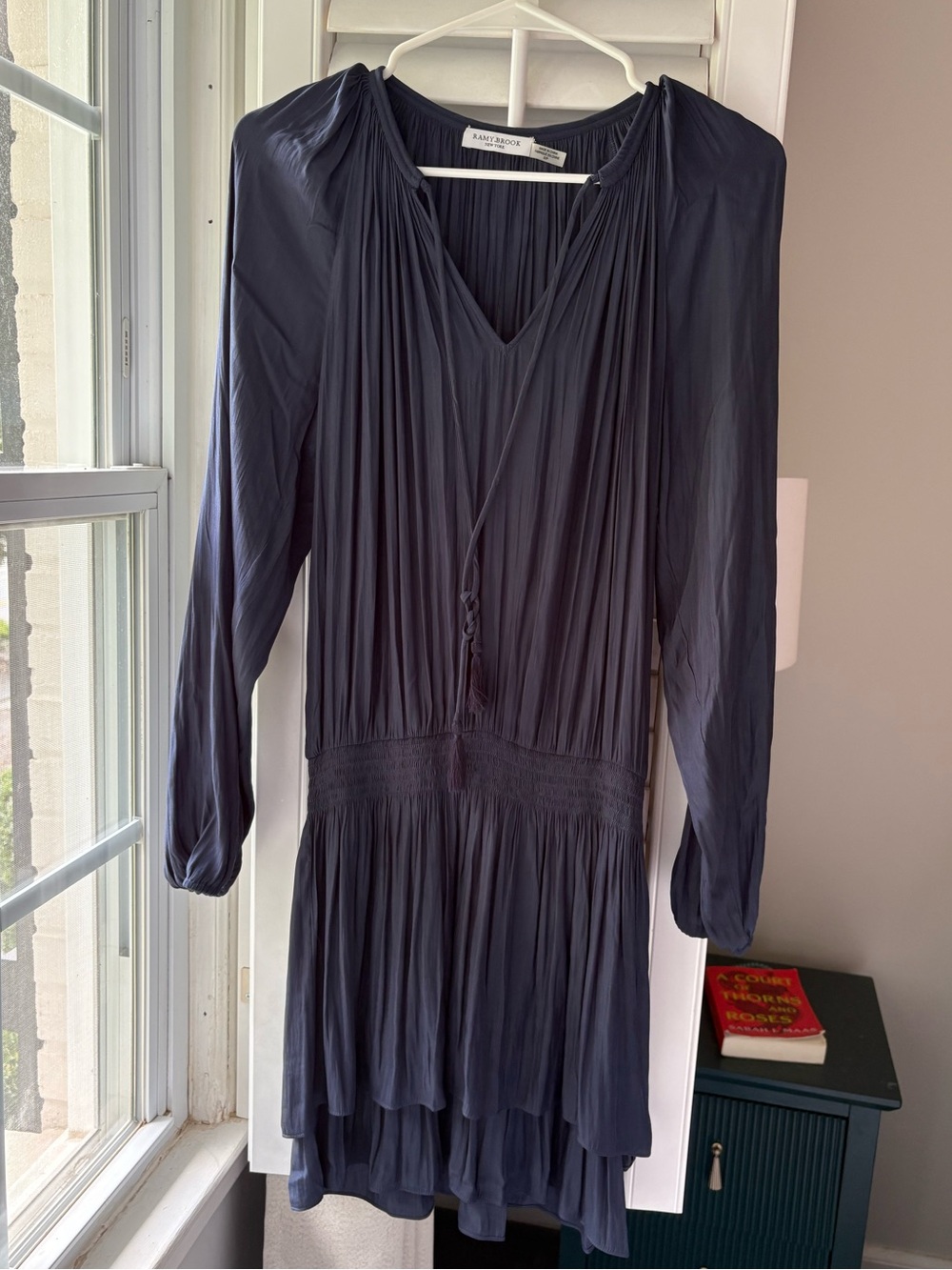Ramy Brook Navy Pleated Long-Sleeve V-Neck Dress